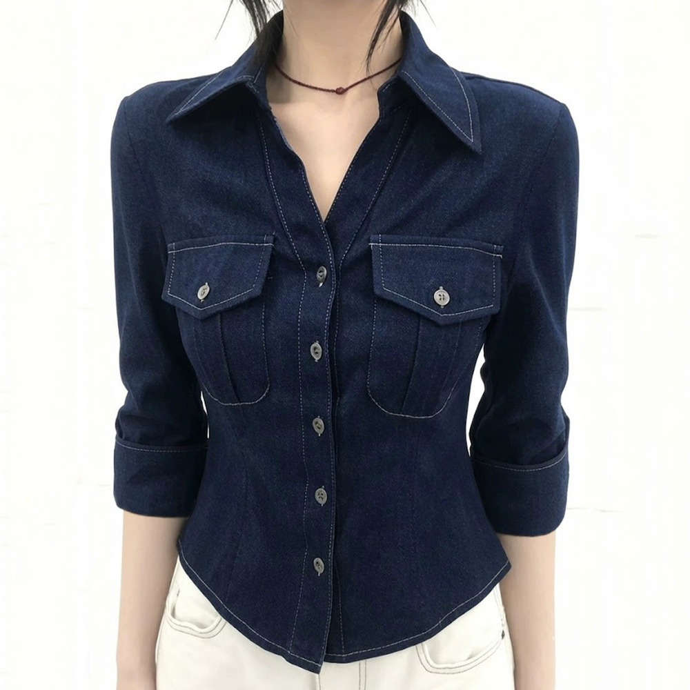 Zara Retro Workwear Denim Shirt Pocket Collar Casual Slim Fit Button